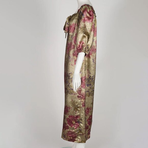 1970s/1980s Vintage Floral Gold Lamé Puff Sleeve Evening Gown Sz L - Picture 3 of 5